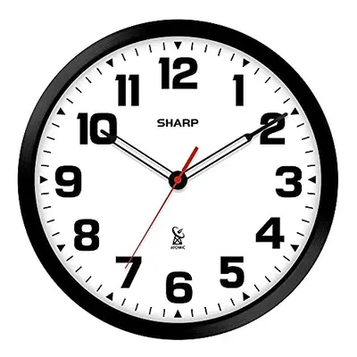 SHARP Atomic Analog Wall Clock - 12" Black Stylish Frame - Sets Automatically- Battery Operated 