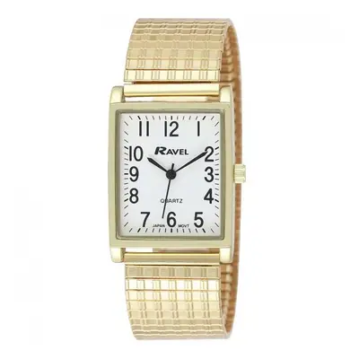 Ravel Gents White Rectangle Dial Goldtone Expander Bracelet Strap Dress Watch R0220.01.1