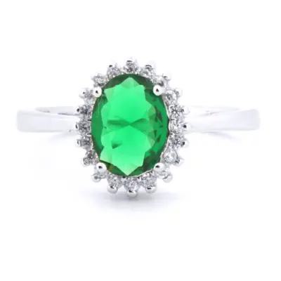 (L) Jewelco London Silver Rhodium CZ Set Oval Cluster Emerald Green Centre - ARN189G