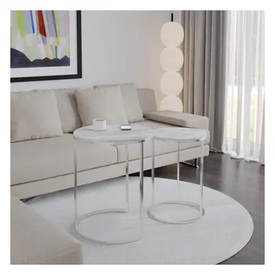 (White Ash Top with Chrome Legs) Pcs Round Nesting Stackable Sofa Side Bedside End Table Set Woo