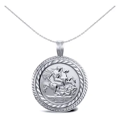 Jewelco London Solid Sterling Silver Rope Edge Frame St George & Dragon Medallion Pendant (Full 