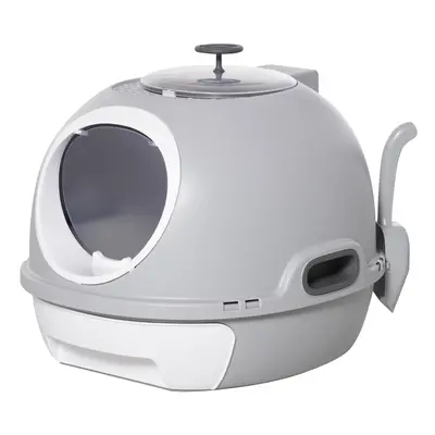 PawHut Futuristic Capsule-Shaped Cat Litter Box w/ Doors Scoop Drawer Grey