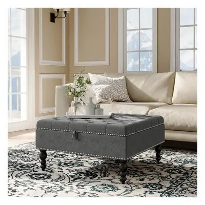 (Grey) Square Tufted Linen Storage Ottoman