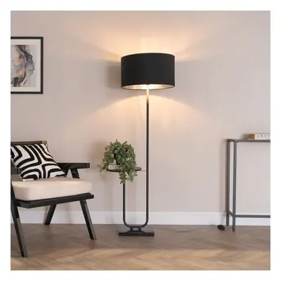 ValueLights Tavel Black & Chrome Shade Black Floor Lamp & Table & Bulb