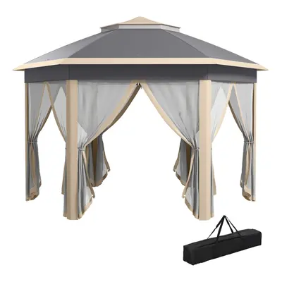 Outsunny 3x4m Hexagon Gazebo w/ Mesh Curtains Outdoor Garden, Khaki