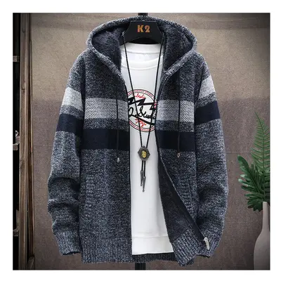 (Dark Grey, XL) Men Color Block Velvet Warm Hoodie Coat Full Zip Long Sleeve Overcoat Winter Top