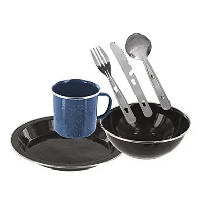 Enamel Camping Eating Set - Includes Knife, Fork, Spoon Set, Plate, Mug & Bowl (Black)