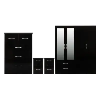 Nevada Door Drawer Mirrored Piece Bedroom Set in Black Gloss Robe Chest