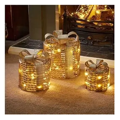 Christmas Gift Boxes Light 3pc LED Festive Decoration Xmas Present Gold Decor