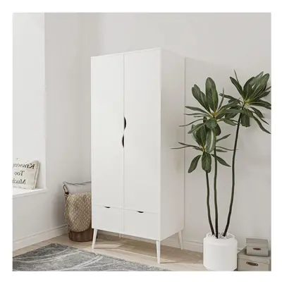 (White) Door Drawer Wardrobe with Scandi Legs Cupboard Hanging Rail 180cm