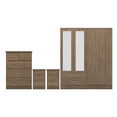 Nevada Piece Rustic Oak Bedroom Set - Door Drawer Mirrored Wardrobe, Drawer Chest & x Drawer Bed