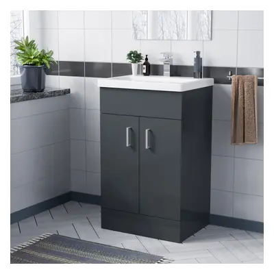 Nes Home Dark Grey 500mm Floor Standing Vanity Unit & White Basin Flat Pack