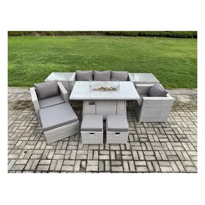 Fimous Outdoor Garden Dining Sets Rattan Furniture Gas Fire Pit Dining Table With Armchairs Side