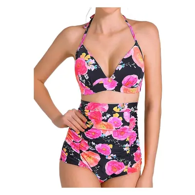 (Red, S) Sexy Halter Strap Printed Wireless Swimwear Sets