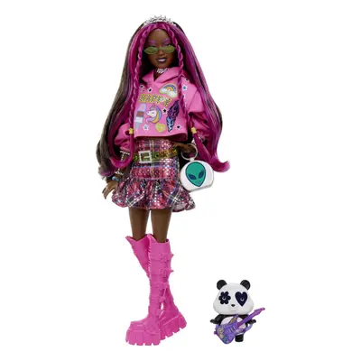 Doll with Pet Panda, Barbie Extra, Kids Toys, Clothes and Accessories, Pink-Streaked Brunette Ha