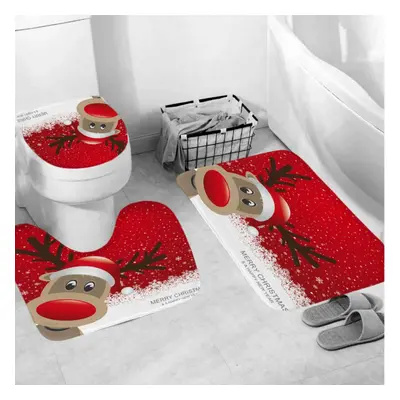 (B) 180x180CM Christmas Elk Waterproof Shower Curtain Anti-slip Bath Seat Mat Floor Mat Set