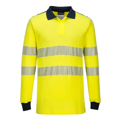 (S, Yellow/Navy) Portwest Mens PW3 Flame Resistant Hi-Vis Long-Sleeved Polo Shirt