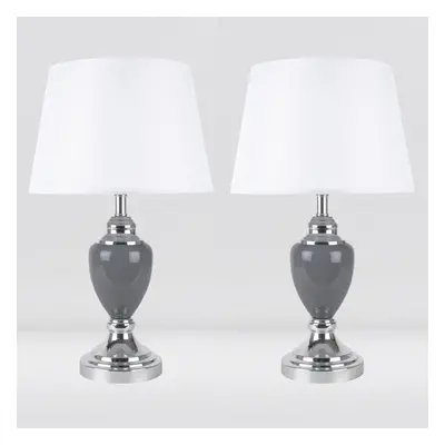 Set of Chrome and Grey Urn Table Lamps with White Shades