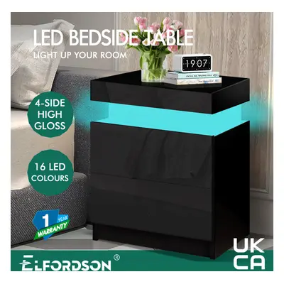 ELFORDSON Bedside Table RGB LED Nightstand Drawers Side High Gloss Black