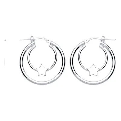 Jewelco London Ladies Sterling Silver Twinkle Star Double Hoop Earrings 18mm - GVE776