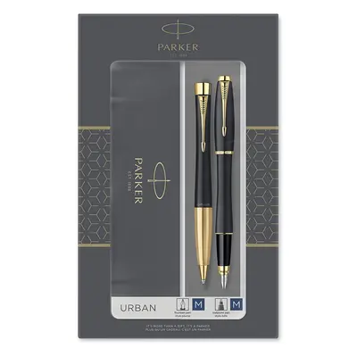 Parker Urban Duo Gift Set with Ballpoint Pen & Fountain Pen, Muted Black with Gold Trim, Blue In