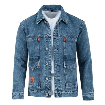 (blue, L) Men Autumn Jacket Long Sleeves Thermal Buttons Pure Color Autumn Denim Jacket For Dail