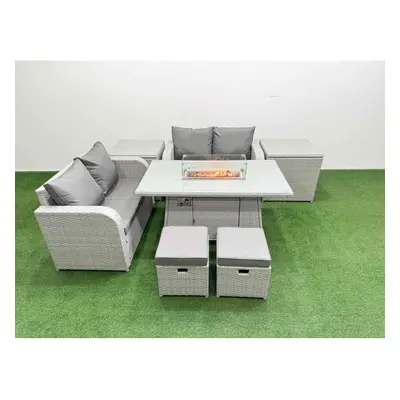 Fimous Seater Outdoor Love Sofa Set Rattan Garden Furniture Set with Firepit Dining Table Small 