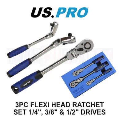 US PRO Tools 3pc Flexi Head Ratchet Set 1/4" 3/8" 1/2" Drives