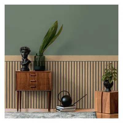 (Natural/Black) Wood Slats Dado Panel Wallpaper AS Creation