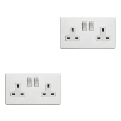 2 PACK Gang Double DP 13A Switched UK Plug Socket SCREWLESS MATT WHITE Power