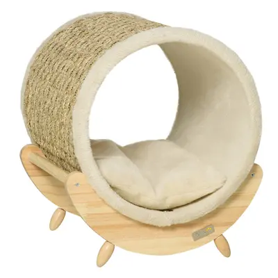 PawHut Raised Kitten Bed Pet Shelter w/ Scratcher Cushion, Beige x x cm