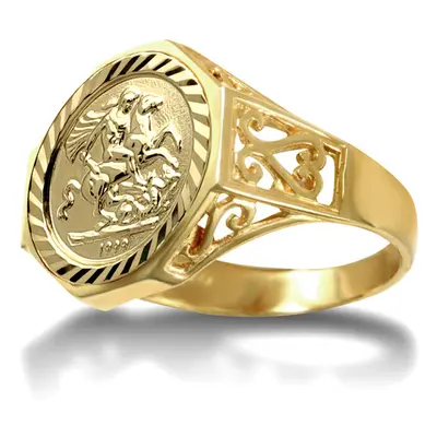 (K) Jewelco London Men's Solid 9ct Gold Octagon Scroll St George & Dragon Medallion Ring (10th O