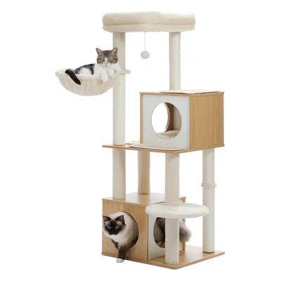 (Wooden - 130cm, Beige) Cat Tree Wooden Cat Tower with Double Large Condos xl, Spacious Perch, F