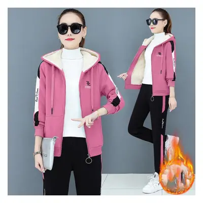 (pink, XL) Large Size Women&apos;s Autumn And Winter Piece Set Tracksuit Loose Hooded Zipper Fle