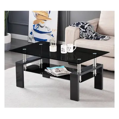 Rectangle Glass Coffee Table With Storage Shelf Modern Living Room Furniture