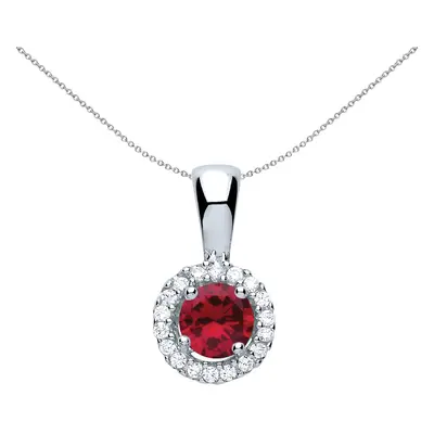 Jewelco London Ladies Rhodium Plated Sterling Silver Red CZ Solitaire Halo Pendant Necklace inch