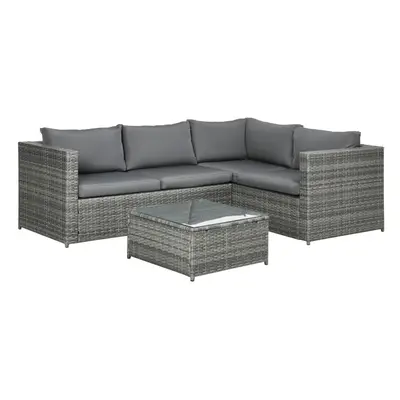 Outsunny 3Pcs Rattan Corner Sofa Set with Coffee Table, Cushion, Grey