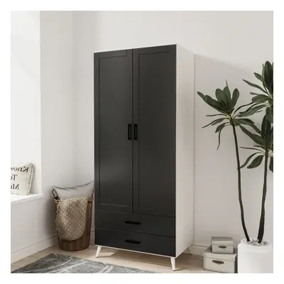 (White & Black) DEVON 180cm Modern Wardrobe Door Drawer Bedroom Storage with Hanging Rail