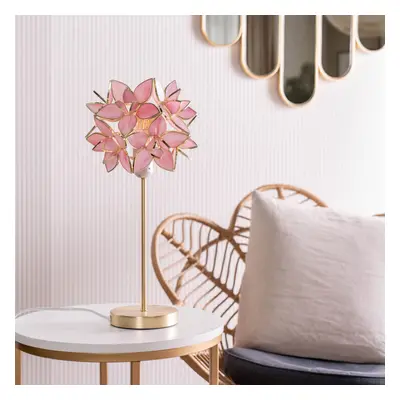 Gold Stem Table Lamp with Pink Glass Flower Pendant & 4W Bulb