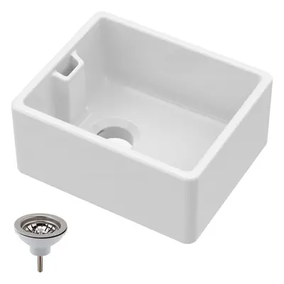 Single Bowl Fireclay Compact Belfast Kitchen Sink & Basket Strainer Waste - 460mm