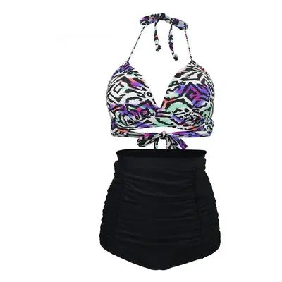 (White Black, XL) Sexy Halter Strap Printed Wireless Swimwear Sets