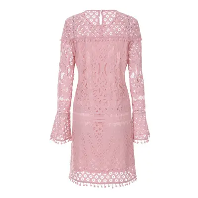 (Pink, S) Women Mini Sheer Lace Dress Pom Trims O Neck Long Sleeve Lined Party