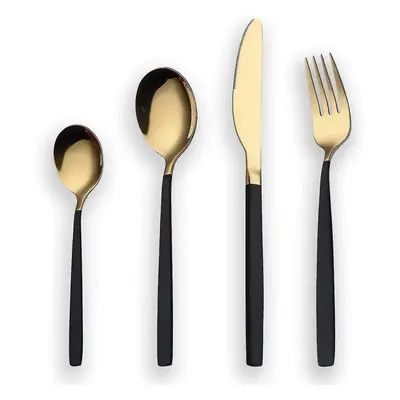 24 Piece Titanium Black And Golden Plated Stainless Steel Silverware Set,black Handle With Golde