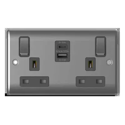 2G 13A SP Sw Socket USB + TYPE C Brushed Chrome, Grey Insert