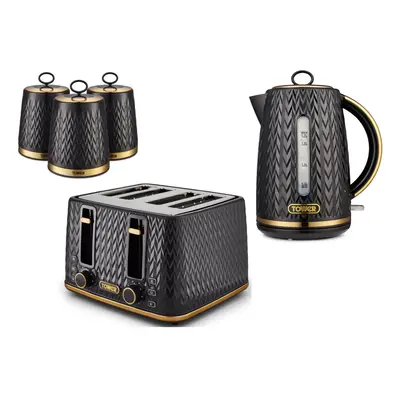 Tower Empire Black Jug Kettle, Slice Toaster & Canisters Set