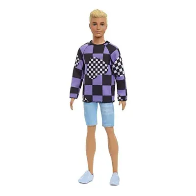 Barbie Ken Fashionistas Doll #191, Blonde Cropped Hair, Checkered Sweater, Denim Shorts, White S