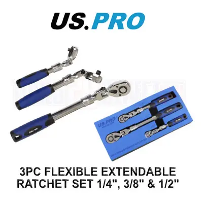 US PRO Tools 3pc Flexible Extendable Ratchet Set 1/4", 3/8" & 1/2" Drives