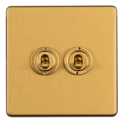 2 Gang Double Retro Toggle Light Switch SCREWLESS SATIN BRASS 10A Way Lever