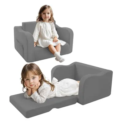 (Grey) Children sofa bed, folding toddler sofa chair, L-shaped flip toddler armchair mini sofa, 