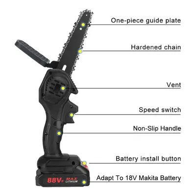 (black, Only machine) Inches 3000w Mini Cordless Electric Chain Saw With 2pcs Battery 88v Woodwo